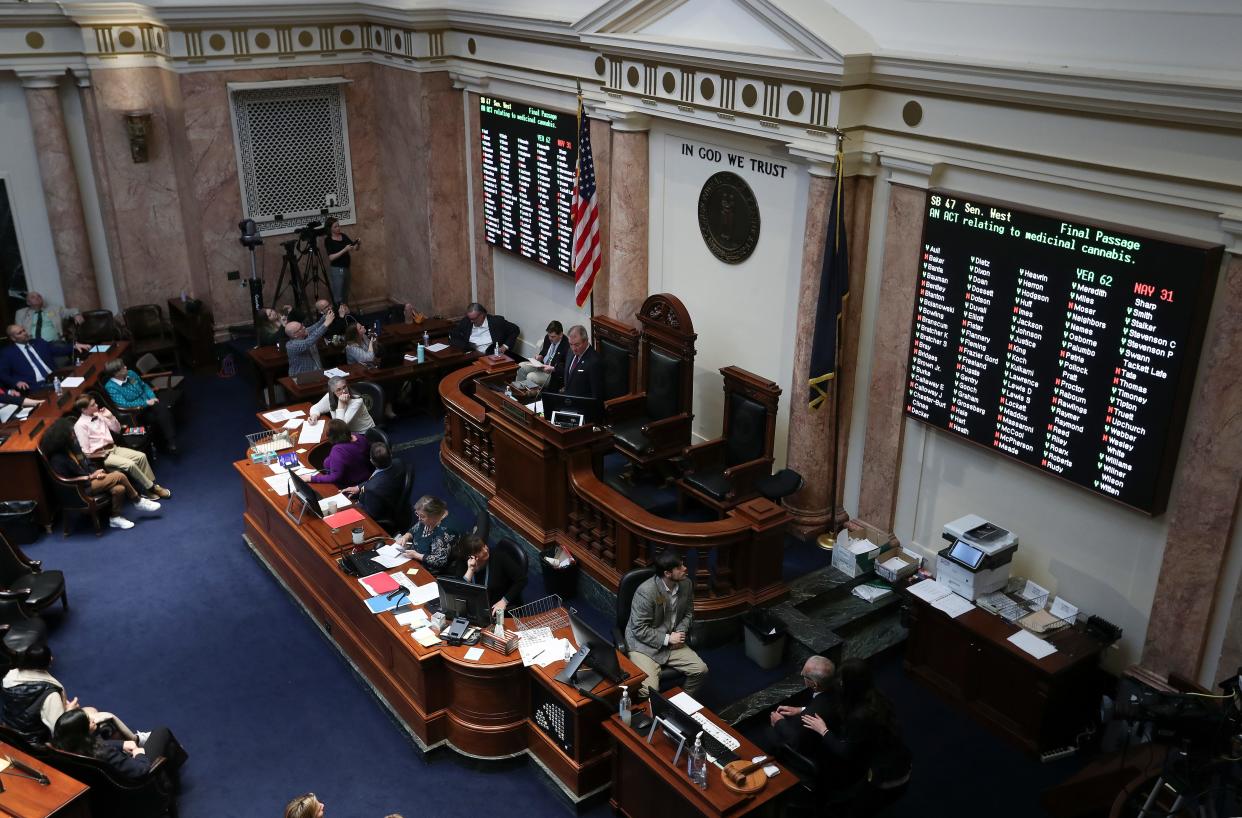 Kentucky Speaker of the House David Osborne presided over proceedings in House chambers as Senate Bill 47, a bill to legalize medical marijuana in Kentucky, passed at the State Capitol Building in Frankfort, Ky. on Mar. 30, 2023.