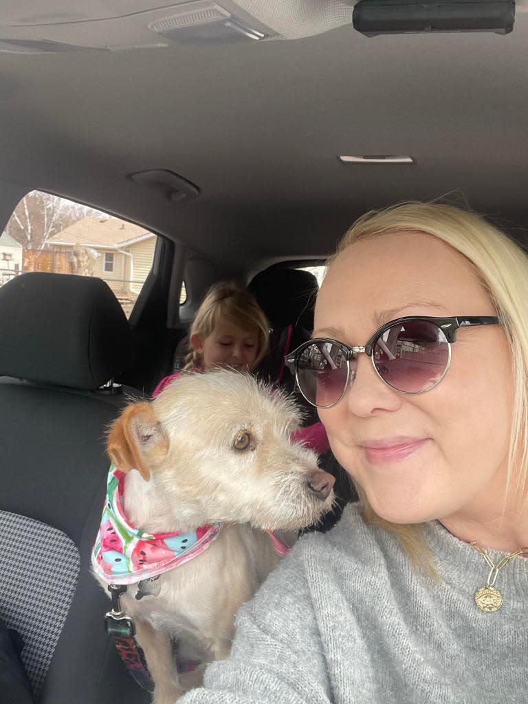 Mishka was reunited with her owners, Mehrad and Elizabeth Houman, on March 28 after the terrier-mix dog was picked up by police in Detroit. Facebook/Elizabeth Houman
