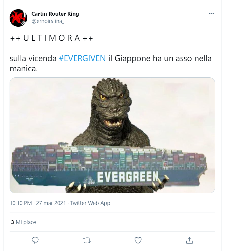 <p>C’è chi ha pensato che a disincagliare la nave sia stato Matteo Salvini e chi giura di aver visto il cargo muoversi dopo gli acuti di Al Bano. Qualche utente ritiene che a riportare la pace nel Canale di Suez sia stato in realtà Godzilla, e tutti concordano che a sorvegliare le operazioni dei rimorchiatori siano stati gli anziani, immancabili osservatori dei cantieri...</p> 