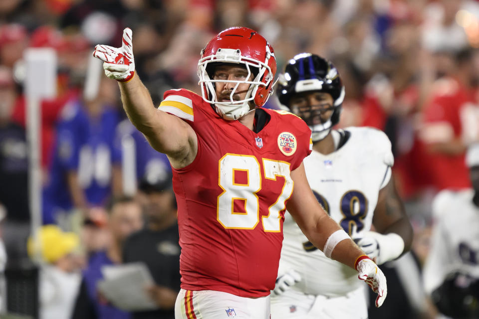 Google News Kansas City Chiefs tight end Travis Kelce (87) signals a first down after a catch against the Baltimore Ravens during the first half an NFL football game, Thursday, Sept. 5, 2024 in Kansas City, Mo. (AP Photo/Reed Hoffmann)