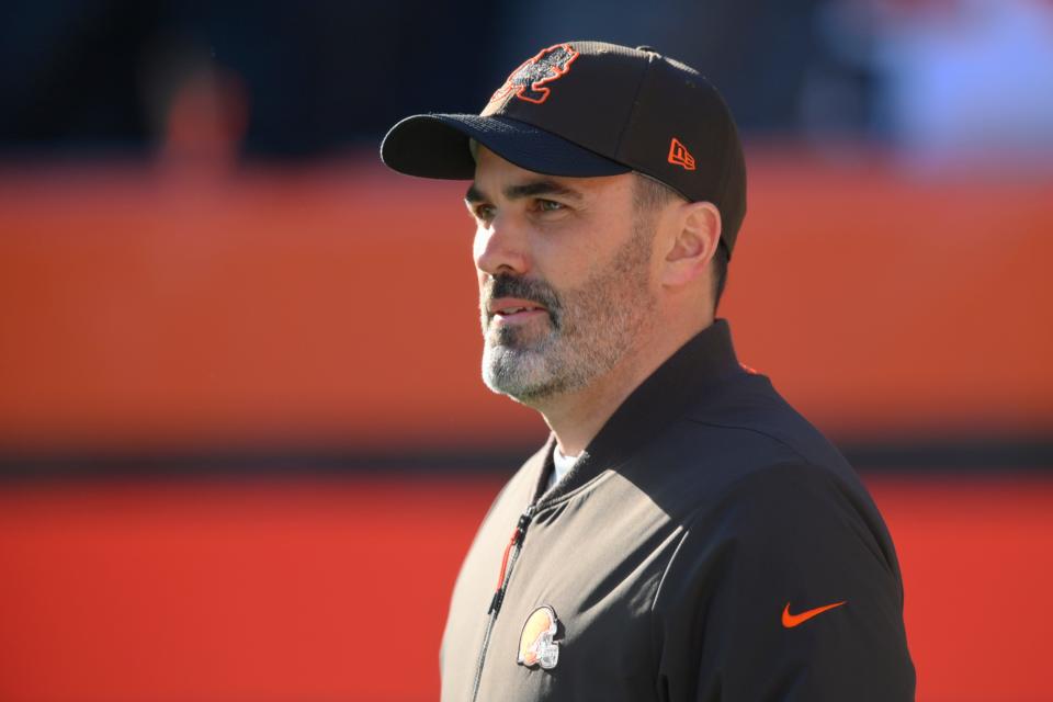 Cleveland Browns head coach Kevin Stefanski watches before an NFL football game against the Baltimore Ravens, Sunday, Dec. 12, 2021, in Cleveland. (AP Photo/David Richard)