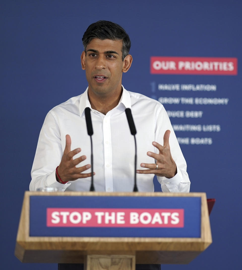 Britain's Prime Minister Rishi Sunak speaking during a press conference at Western Jet Foil in Dover, England, Monday, June 5, 2023, as he gives an update on the progress made in the six months since he introduced the Illegal Migration Bill under his plans to "stop the boats". (Yui Mok/Pool Photo via AP)