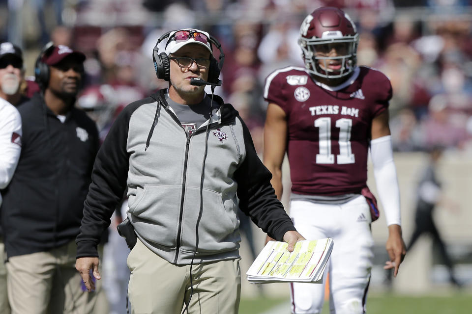 Texas A&M head coach Jimbo Fisher watches his defense lineup against Mississippi State during the first half of an NCAA college football game, Saturday, Oct. 26, 2019, in College Station, Texas. (AP Photo/Sam Craft)