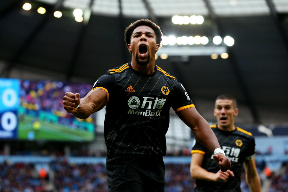 MANCHESTER, ENGLAND - OCTOBER 06: Adama Traore of Wolverhampton Wanderers celebrates after scoring his team's first goal during the Premier League match between Manchester City and Wolverhampton Wanderers at Etihad Stadium on October 06, 2019 in Manchester, United Kingdom. (Photo by Alex Livesey/Getty Images)