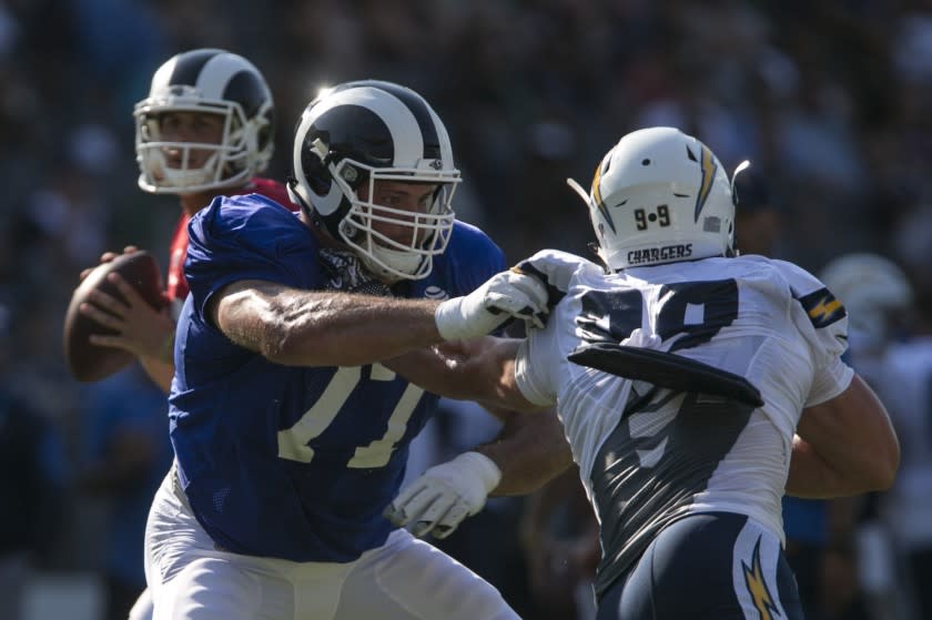 CARSON, CA, SATURDAY, AUGUST 5, 2017 - Rams lineman Andrew Whitworth protects quarterback Jared Goff