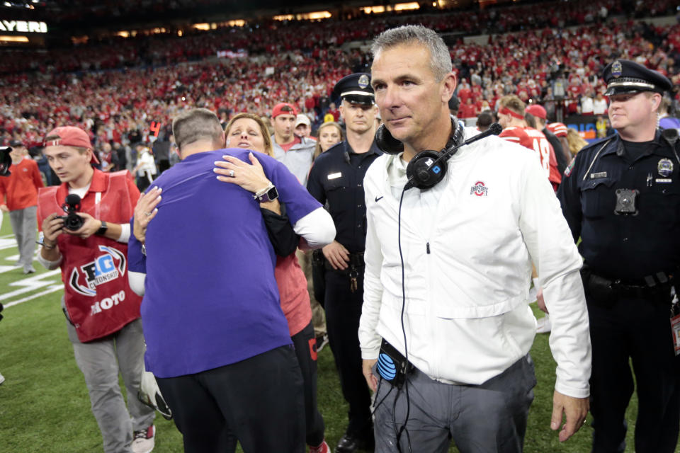 Ohio State head coach Urban Meyer smiles after Ohio State defeated Northwestern to win the Big Ten championship NCAA college football game, Saturday, Dec. 1, 2018, in Indianapolis. Ohio State won 45-24. (AP Photo/AJ Mast)