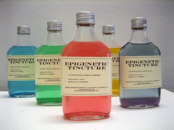 Some of the cloning tinctures available at the Berlin branch of the Epigenetic Cloning Agency, which is an art project meant to inspire discussion on the nature of identity.