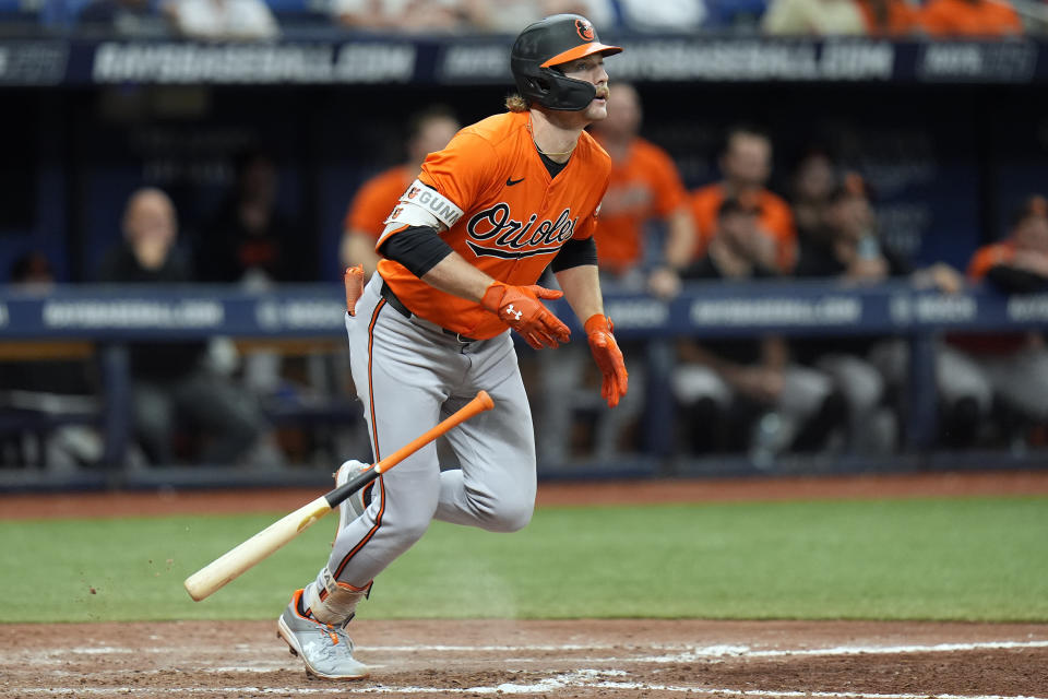 Baltimore Orioles' Gunnar Henderson watches his three-run home run off Tampa Bay Rays relief pitcher Phil Maton during the ninth inning of a baseball game Saturday, June 8, 2024, in St. Petersburg, Fla. (AP Photo/Chris O'Meara)