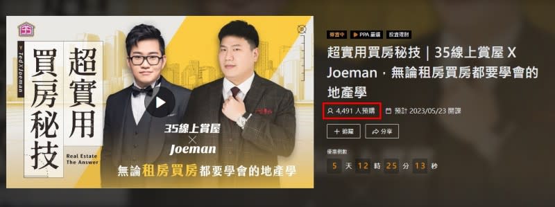 Joeman線上買房課程截至發稿為止，已累積4491預購人數。（圖／翻攝自PressPlay Academy 線上學習平台網站）