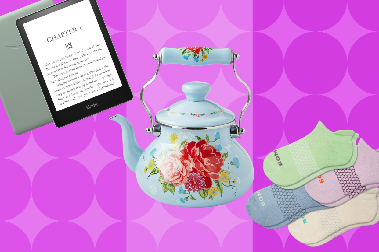 Amazon Kindle Paperwhite, floral tea pot, pack of four Bombas socks