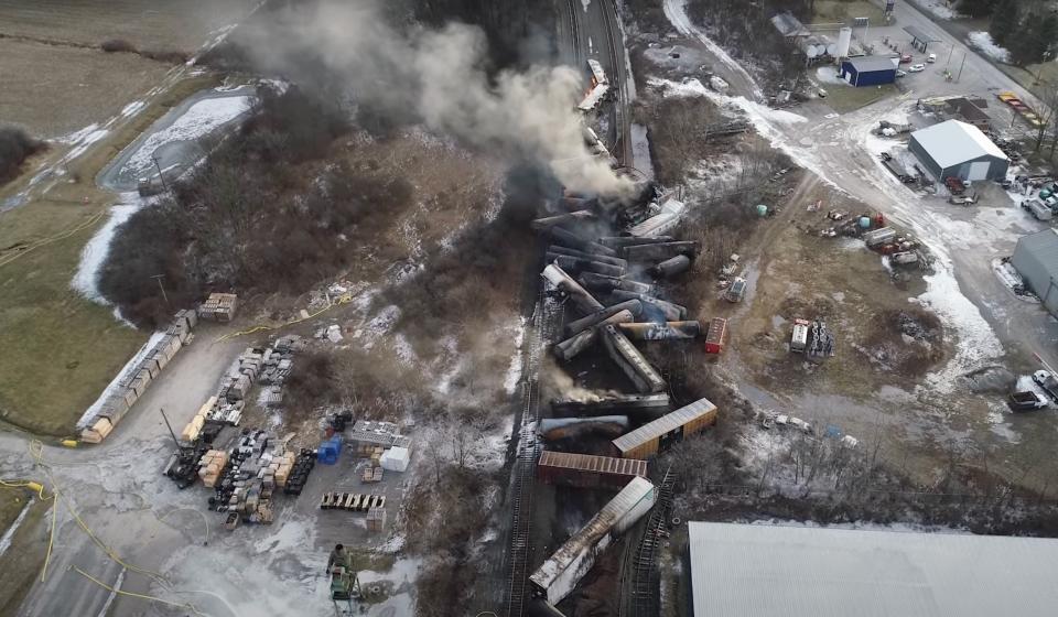 This video screenshot released by the U.S. National Transportation Safety Board (NTSB) shows the site of a derailed freight train in East Palestine, Ohio, the United States. About 50 Norfolk Southern freight train cars derailed on the night of Feb. 3 in East Palestine, a town of 4,800 residents near the Ohio-Pennsylvania border, due to a mechanical problem on an axle of one of the vehicles.
   There were a total of 20 hazardous material cars in the train consist, 10 of which derailed, according to the NTSB, a U.S. government agency responsible for civil transportation accident investigation. (NTSB/Handout via Xinhua)