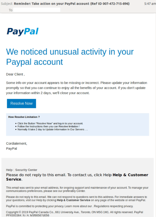 PayPal scam hitting inboxes. Source: MailGuard