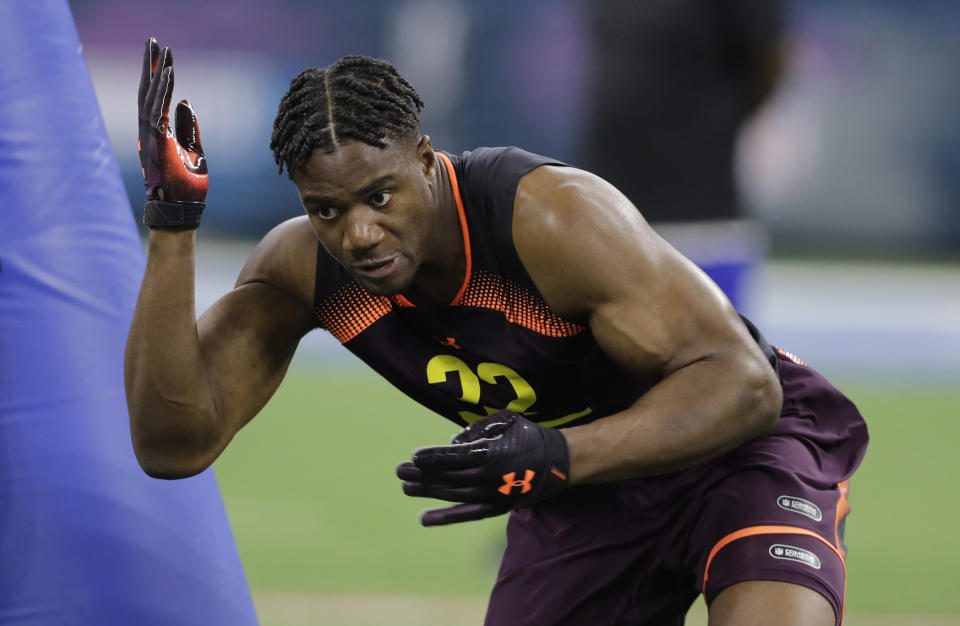 FILE - In this March 3, 2019, file photo, Stanford linebacker Bobby Okereke runs a drill during the NFL football scouting combine in Indianapolis. Indianapolis Colts general manager Chris Ballard did his homework on Bobby Okereke. And a sexual assault allegation from 2015 still didn’t scare him off. Just hours after Okereke’s name surfaced publicly for the first time in the case, Ballard told local reporters on a conference call that he took a hard look at Okereke’s past and made others in the organization aware of the accusation before selecting the Stanford graduate in April’s NFL draft.(AP Photo/Darron Cummings, File)