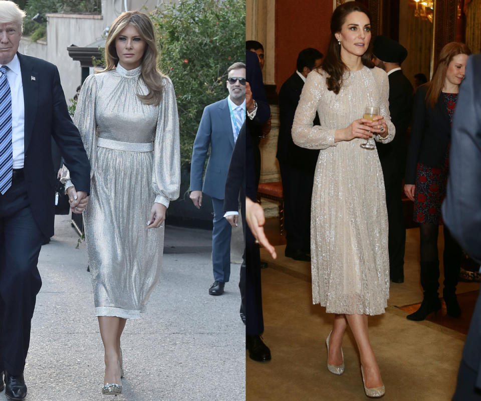 <p>In February, the Duchess of Cambridge attended an event at Buckingham Palace wearing a sparkly dress with long sleeves and knee-length hem. Then, in May, Melania Trump opted for a strikingly similar look to attend a concert in Italy. (Photos: Getty Images) </p>