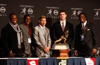 NEW YORK, NY - DECEMBER 10: (L-R) Heisman Trophy finalists running back Trent Richardson of the Alabama Crimson Tide, running back Montee Ball of the Wisconsin Badgers, cornerback Tyrann Mathieu of the LSU Tigers, Andrew Luck of the Stanford University Cardinal and quarterback Robert Griffin III of the Baylor Bears pose with the Heisman Trophy after a press conference at The New York Marriott Marquis on December 10, 2011 in New York City. (Photo by Jeff Zelevansky/Getty Images)