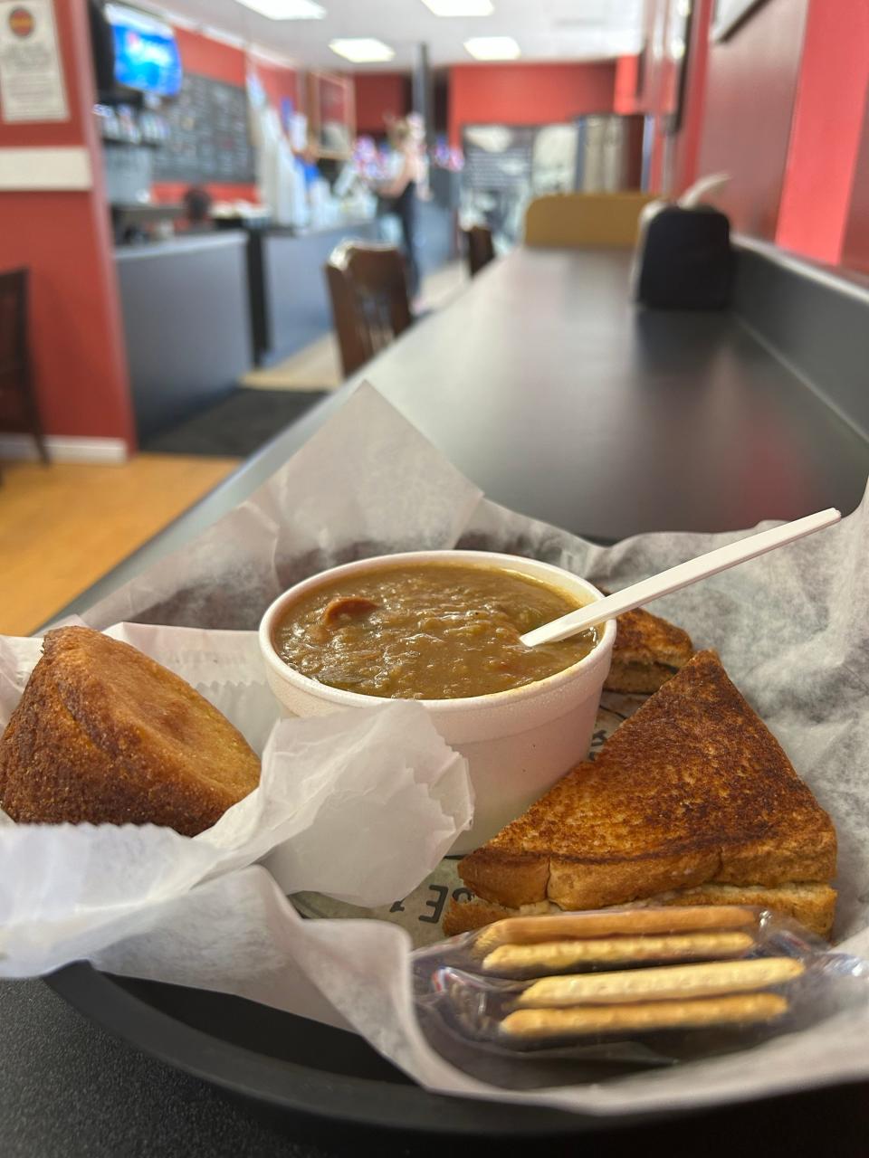 Toasted Chicken Salad Sandwich with homemade gumbo and cornbread from Duke's Sandwich Company in Cherrydale.