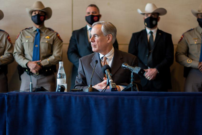 Gov. Greg Abbott holds a press conference in Dallas on March 17, 2021.