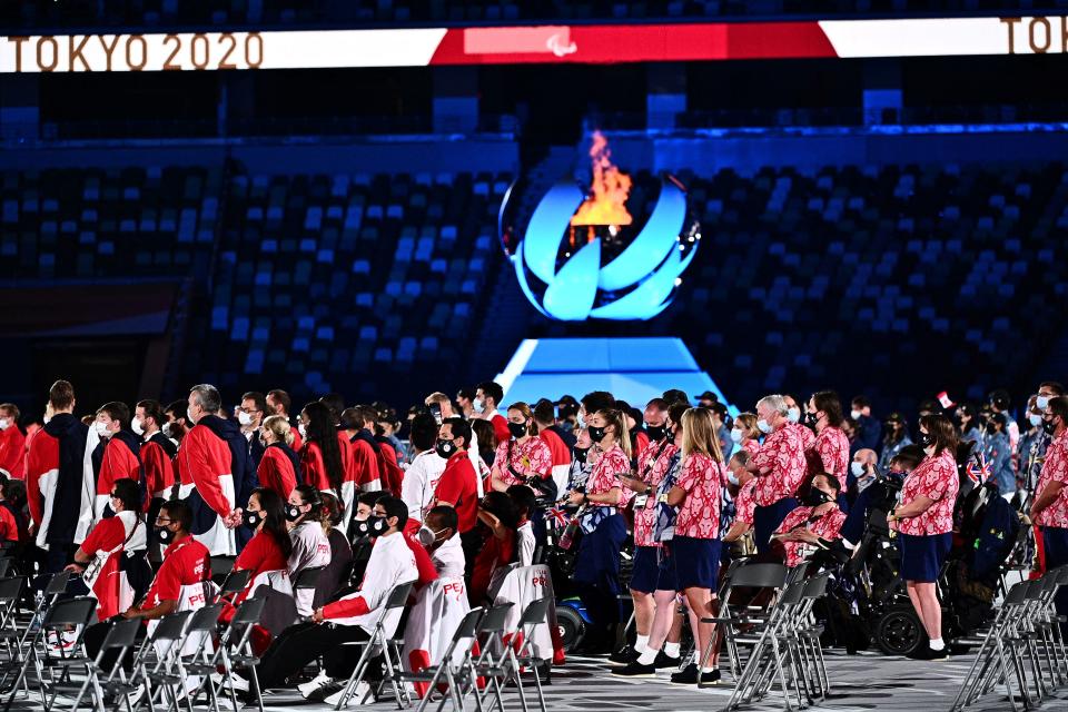 Athletes gather on the pitch during the closing ceremony for the Tokyo 2020 Paralympic Games at the Olympic Stadium in Tokyo on September 5, 2021. (Photo by Philip FONG / AFP) (Photo by PHILIP FONG/AFP via Getty Images)