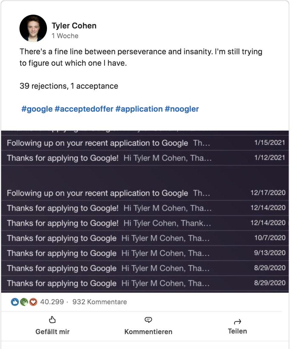 Auf seinem LinkedIn Profil teilte Cohen seine Bewerbungs-Geschichte. (Screenshot: LinkedIn)