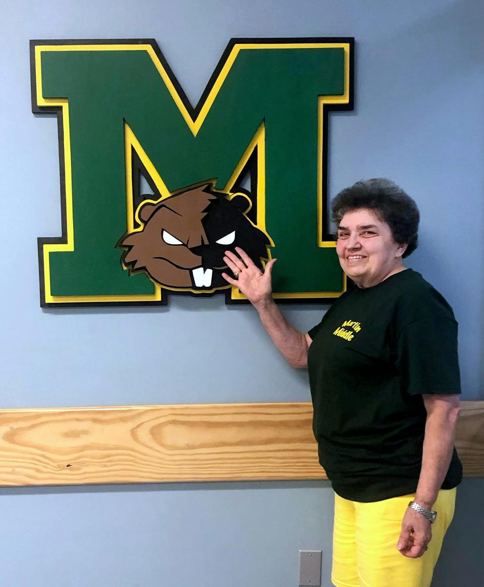 Nancy Delaney's father was the first principal of the Joseph H. Martin Middle School in Taunton 50 years ago. Delaney visited the school on Tuesday, Sept. 13 to talk to staff and recount the Legend of Gertrude, about the school's woodchuck mascot.