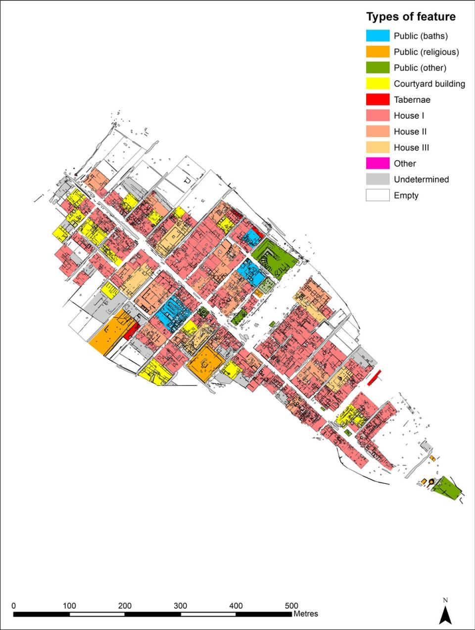 A plan of Interamna Lirenas showing the distribution of different types of buildings (Alessandro Launaro)