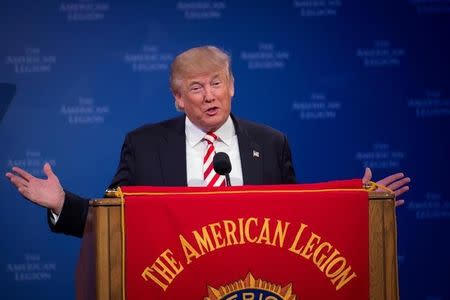 Republican presidential nominee Donald Trump addresses the National Convention of the American Legion in Cincinnati, Ohio, U.S., September 1, 2016. REUTERS/Bryan Woolston