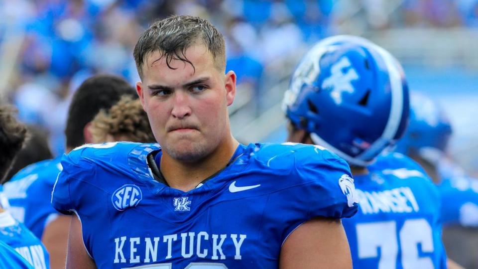 A walk-on who transferred from West Virginia, Dylan Ray (73) is expected to start for Kentucky at left guard in this week’s meeting with Eastern Kentucky.