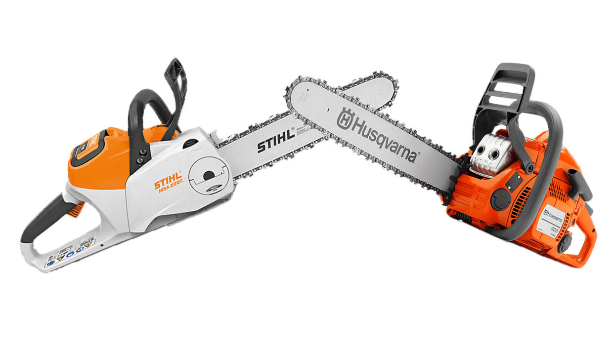  Husqvarna vs Stihl chainsaws: image shows Husqvarna and Stihl chainsaws 