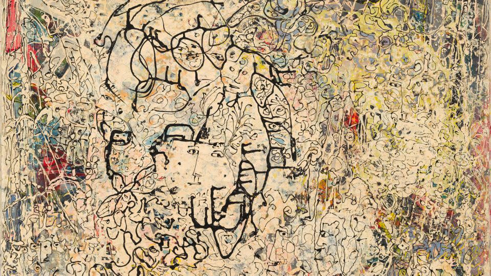 "Heavenly Sympathy," an abstract piece Sobel painted circa 1947, featuring near endless swirls of figures and faces, overlaid one over the other in swarming layers of paint. - Edward C. Robison III/Courtesy The Menil Collection