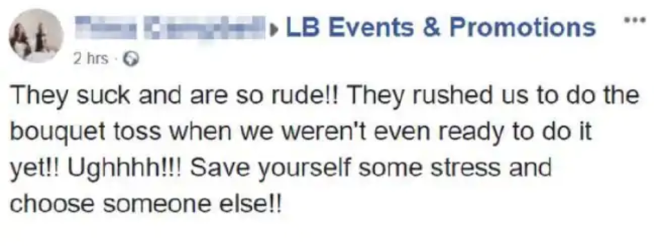 A negative review left on a business page led to a wedding planner clapping back at a bride. (Photo: Facebook)