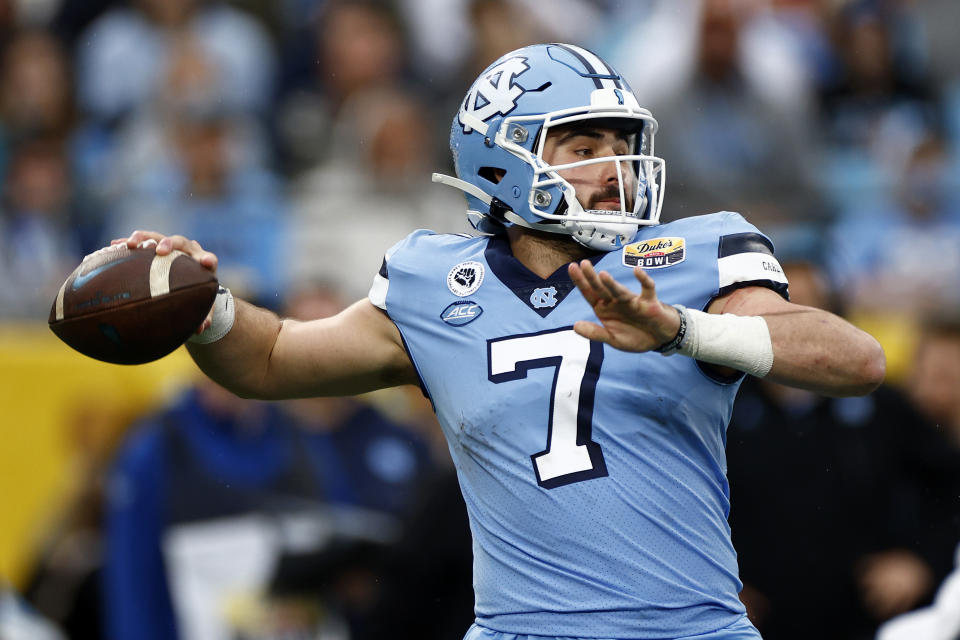 North Carolina QB Sam Howell might end up as a first-round pick. (Photo by Jared C. Tilton/Getty Images)