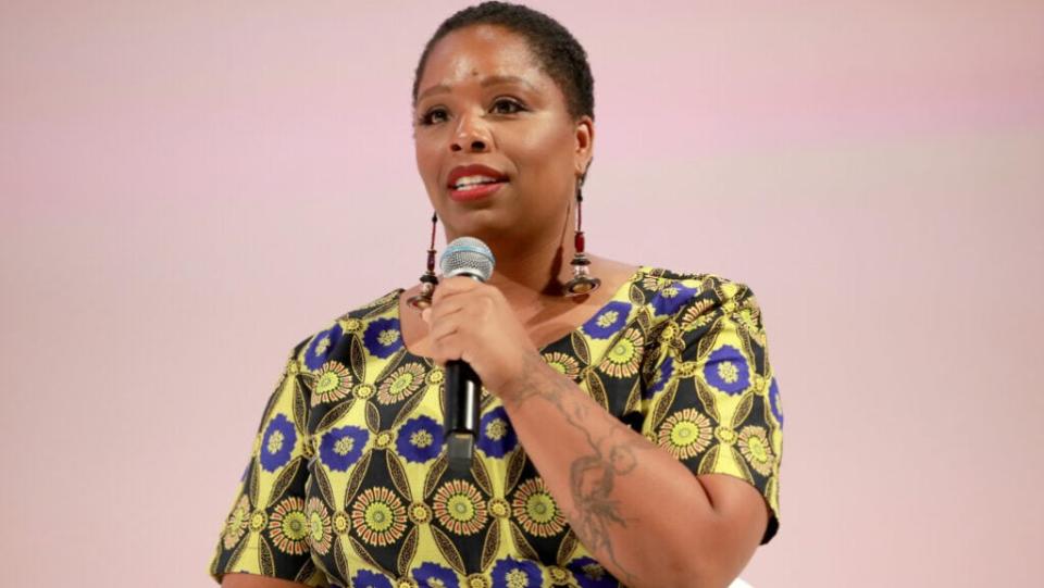 Patrisse Cullors speaks on stage at the Teen Vogue Summit 2019 at Goya Studios on November 02, 2019 in Los Angeles, California. (Photo by Rich Fury/Getty Images for Teen Vogue)