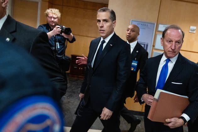 Hunter Biden, center, arrives for a deposition related to the impeachment inquiry of his father, President Joe Biden, on February 28, 2024.