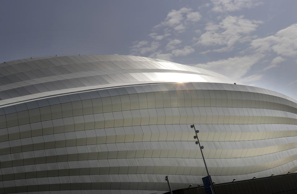 FILE - In this Monday, Dec. 16, 2019 file photo, a view shows the Al Janoub Stadium, one of the 2022 World Cup stadiums, in Doha, Qatar. The 2022 World Cup will open with four games every day in a 12-day group stage and some matches that go into extra time will extend past midnight in Qatar. FIFA on Wednesday July 15, 2020 released the match schedule for the first World Cup to be played across November-December. (AP Photo/Hassan Ammar, File)