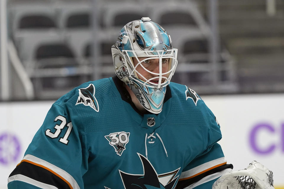 FILE - San Jose Sharks goaltender Martin Jones (31) plays against the Colorado Avalanche during an NHL hockey game in San Jose, Calif., in this Monday, May 3, 2021, file photo. Several goaltenders were on the move in NHL free agency Wednesday, July 28, 2021. Martin Jones joined the Philadelphia Flyers. (AP Photo/Jeff Chiu, File)