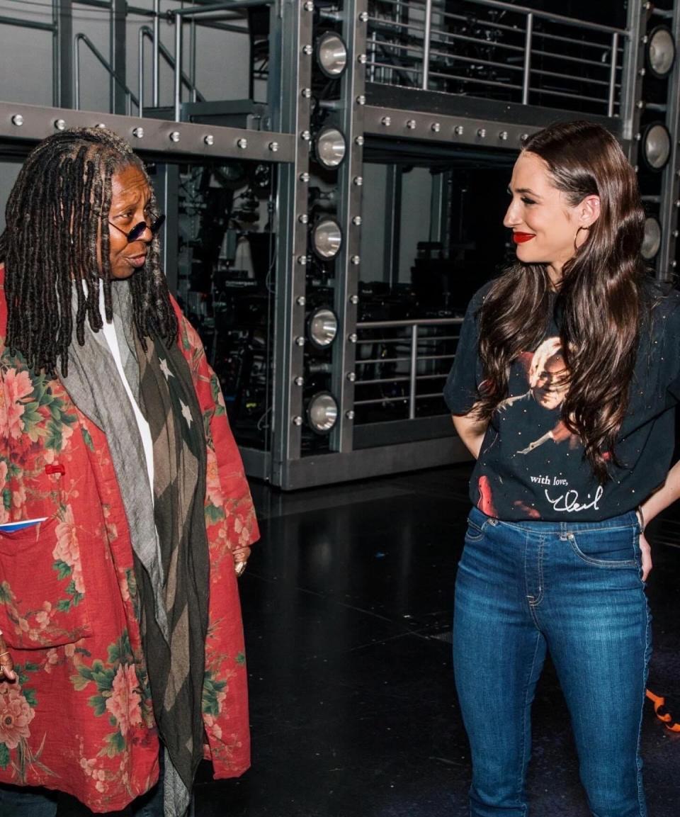 Amber Ardolino, right, is now a fixture on Broadway, shown here chatting with Whoopi Goldberg.