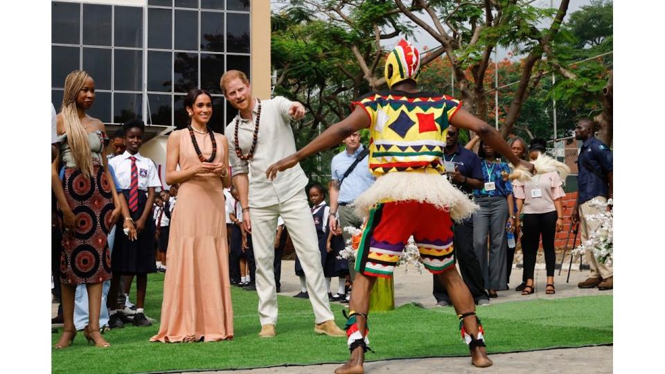 rince Harry, Duke of Sussex and Meghan, Duchess of Sussex visit Lightway Academy on May 10, 2024 in Abuja, Nigeria. (Photo by Andrew Esiebo/Getty Images for The Archewell Foundation)