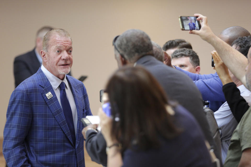 Indianapolis Colts owner Jim Irsay talks with reporters at the NFL Owners Meetings at the Omni Hotel Monday, May 22, 2023 in Eagan, Minn. (AP Photo/Andy Clayton-King)