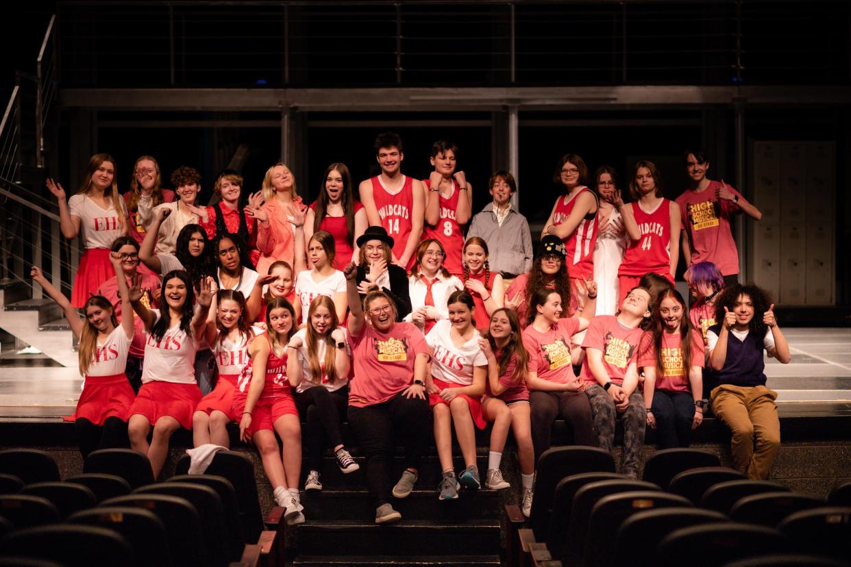 Charlevoix Middle/High School students who are part of "High School Musical" include (back row, from left) Lexi Lewis (cheerleader), Felicity Sape (spotlight), Kaylyn Mailloux (Ms. Darbus), Bee Lennon (Ryan), Nataley Johnson (Sharpay), Jasmine Brooks (Gabriella), Trevor Bonar (Troy), Brendan Bonar (Chad), Rachel Descamps (Coach Bolton), Samantha Hand (jock), Bella Krarup (Ms. Tenny), Kali Raycraft (Zeke), Matthew Solomon (lead tech), (middle row, from left) Leo Dewey (backstage), Peyton Smith (brainiac), Alessandra Jess (cheerleader), Evie Tuck (thespian), Abby Wise (cheerleader), Jaydee Levy (Kelsi), Akira Purdy (Taylor), Sarah Pletcher (Martha), Jaelynn Wiatrolik (backstage), Jax Brown (backstage), Izzy Bogart (backstage), (front row, from left) Raven McSweeny (cheerleader), Alayna Smith (cheerleader), Kaelynn Schwartzfisher (cheerleader), Felicity Bonar (jock), Alyssa Wise (thespian), Morgan McCarthy (director), Aubree Bonar (cheerleader), Cassidy Russell (backstage), Bella Waterman (backstage), Enzo Bertinelli (backstage), Genesis Osredkar (backstage) and Rocky Campbell (Jack Scott). Not pictured is Gale Cowles (Ripper).