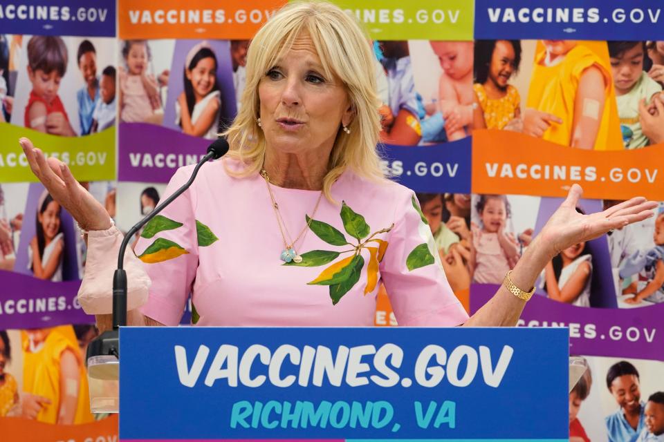 First lady Jill Biden speaks as she tours a health facility Friday, July 1, 2022, in Richmond, Virginia. Biden was promoting COVID-19 vaccines for small children.