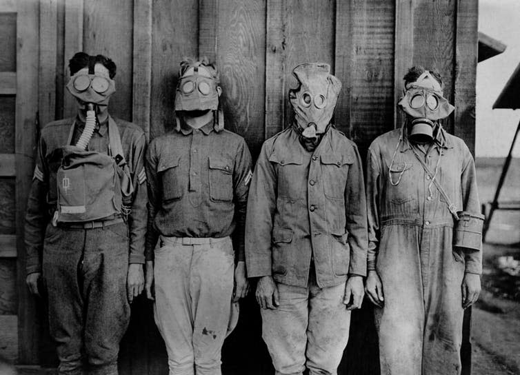 <span class="caption">Soldiers wearing World War I gas masks. L-R: American, British. French, German.</span> <span class="attribution"><a class="link " href="https://www.shutterstock.com/image-photo/soldiers-wearing-ww1-gas-masks-lr-248200399?src=w2F4ZrePQ76DNIanPVVdlA-1-0" rel="nofollow noopener" target="_blank" data-ylk="slk:Shutterstock;elm:context_link;itc:0;sec:content-canvas">Shutterstock</a></span>