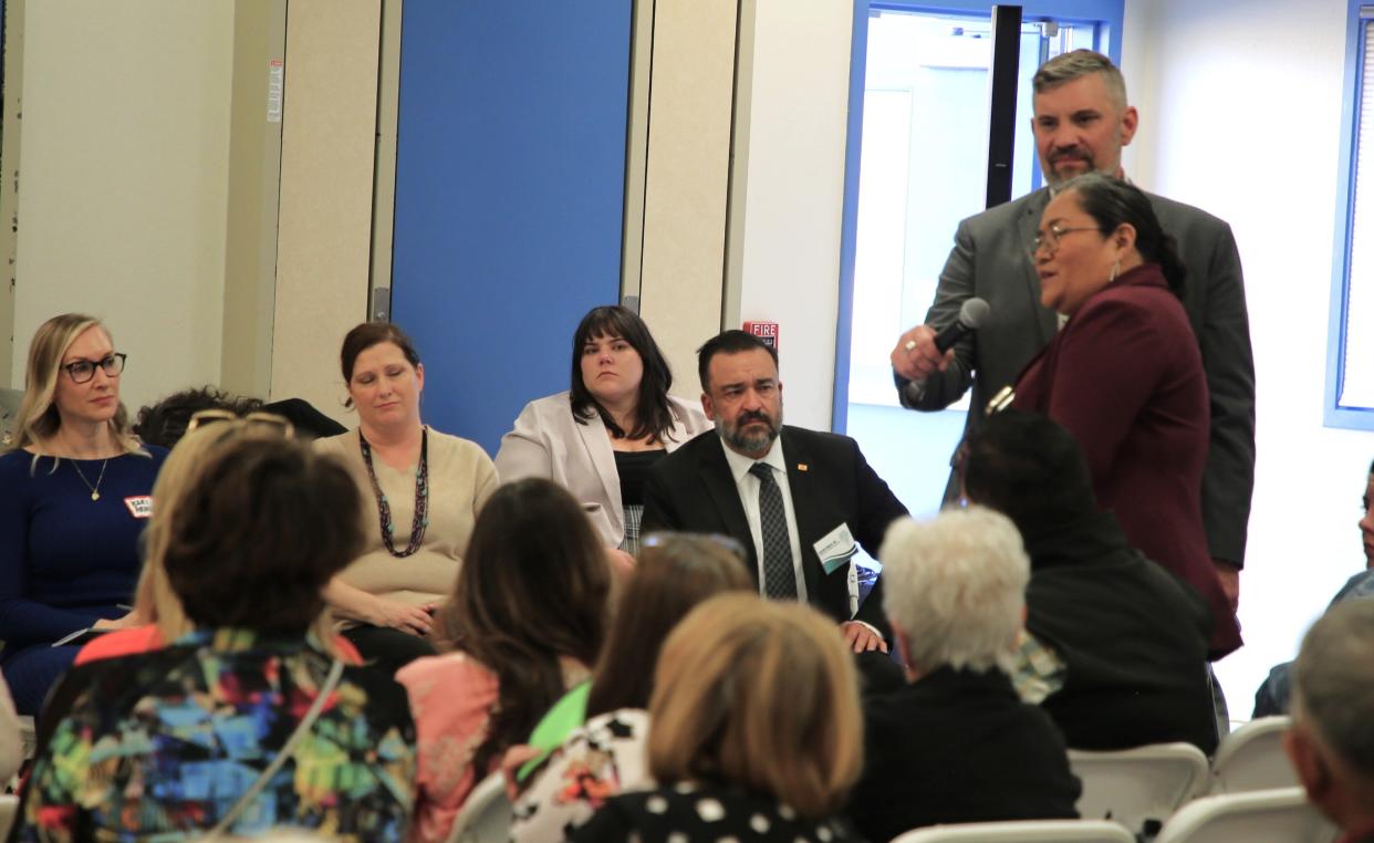 Shawna Becenti, the head of school at Navajo Prep, speaks during a town hall meeting on Thursday, April 11 at Animas Elementary School in Farmington.