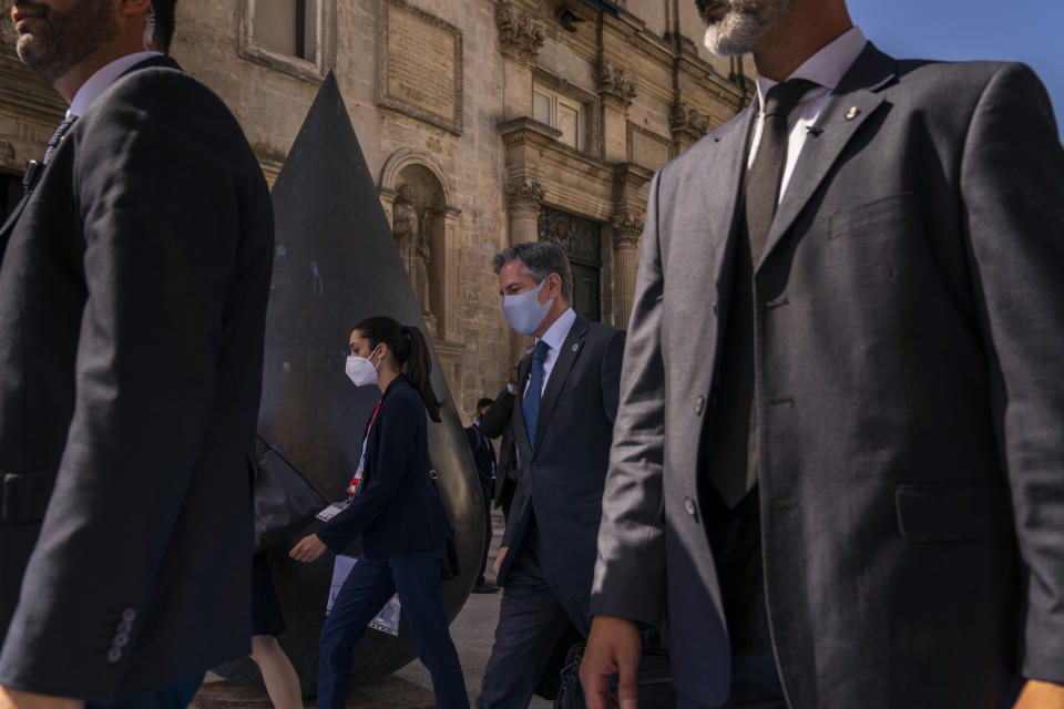 U.S. Secretary of State Antony Blinken arrives at a G20 foreign ministers meeting in Matera, Italy, Tuesday, June 29, 2021. Blinken is on a week long trip in Europe traveling to Germany, France and Italy. (AP Photo/Andrew Harnik, Pool)