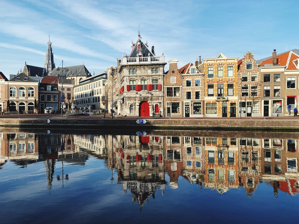 Buildings along the canal in  Haarlem, Netherlands