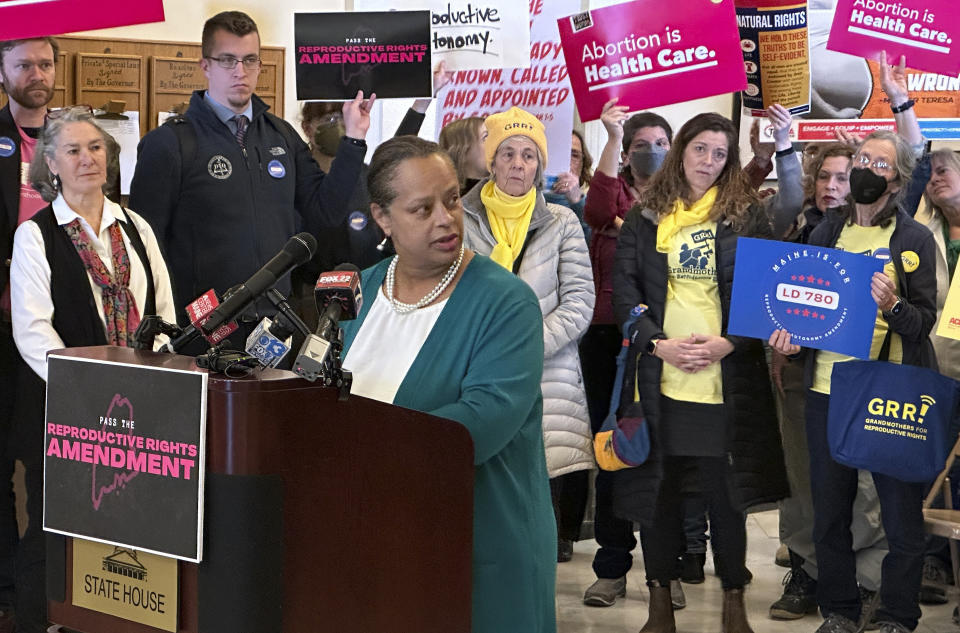 Maine House Speaker Rachel Talbot Rossspeaks in favor ofa proposal to amend the Maine Constitution to enshrine the right to an abortion at the Maine State House on Monday, Jan. 22, 2024, in Augusta, Maine. (AP Photo/David Sharp)