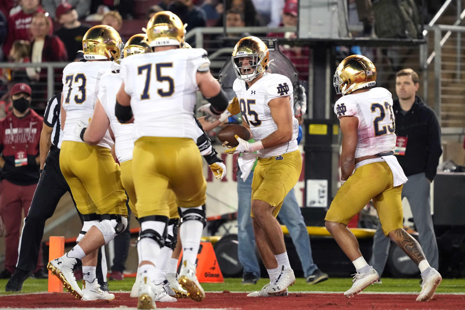 Nov 27, 2021; Stanford, California, USA; Notre Dame Fighting Irish tight end George Takacs (85) reacts after scoring a touchdown against the Stanford Cardinal during the first quarter at Stanford Stadium. Mandatory Credit: Darren Yamashita-USA TODAY Sports