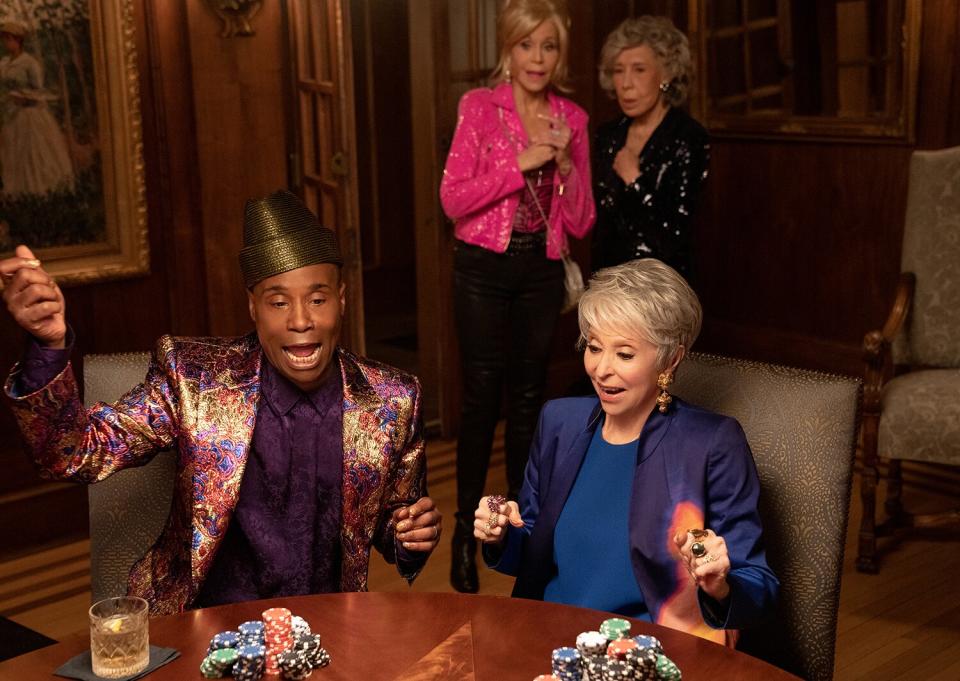 Billy Porter plays Gugu, Rita Moreno plays Maura, Jane Fonda plays Trish and Lily Tomlin plays Lou in 80 For Brady