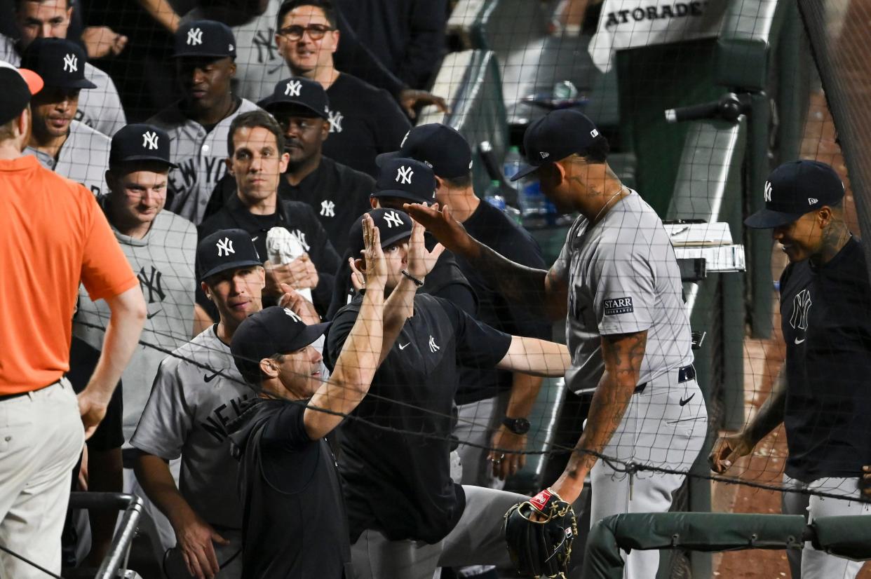 May 1, 2024; Baltimore, Maryland, USA; \a81] celebrates with teammates after being relived in the eighth inning against the Baltimore Orioles at Oriole Park at Camden Yards. Mandatory Credit: Tommy Gilligan-USA TODAY Sports