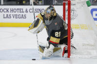 Vegas Golden Knights goaltender Marc-Andre Fleury (29) stops the puck against the Anaheim Ducks during the third period of an NHL hockey game Tuesday, Dec. 31, 2019, in Las Vegas. (AP Photo/John Locher)