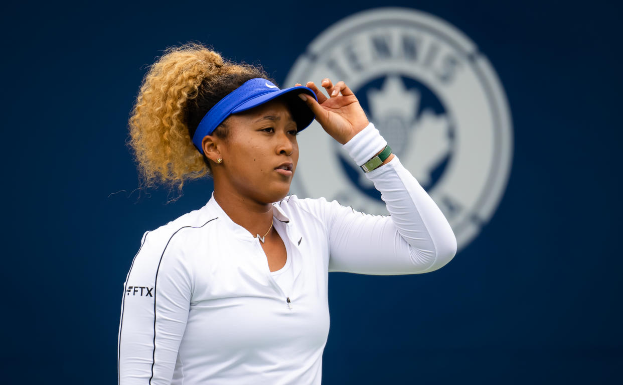 TORONTO, ONTARIO - AUGUST 09: Naomi Osaka of Japan in action against Kaia Kanepi of Estonia during her first round match on Day 4 of the National Bank Open, part of the Hologic WTA Tour, at Sobeys Stadium on August 09, 2022 in Toronto, Ontario (Photo by Robert Prange/Getty Images)